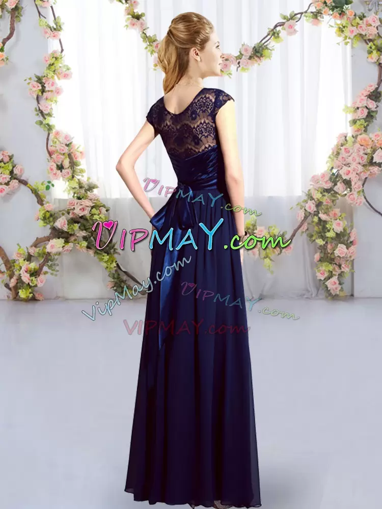 Chiffon Scoop Cap Sleeves Zipper Lace and Belt Wedding Guest Dresses in Navy Blue