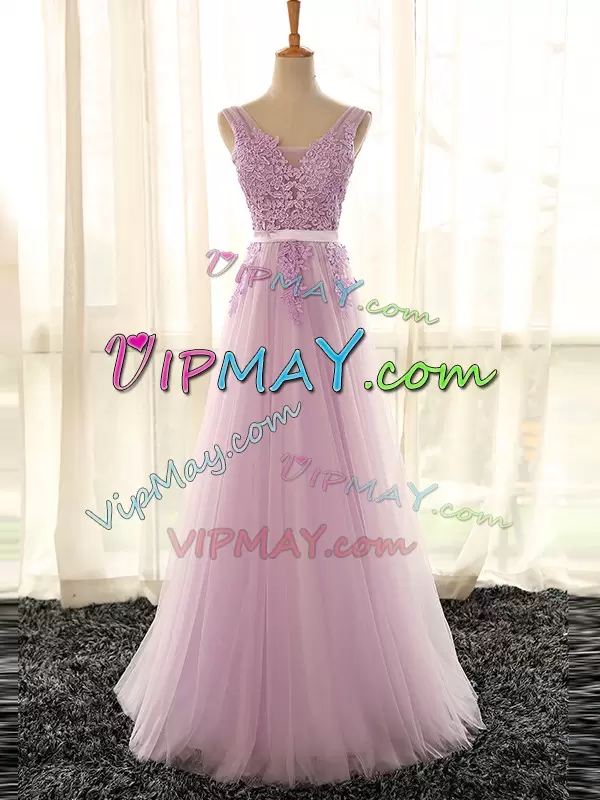 Pretty Lilac Sleeveless Tulle Lace Up Bridesmaids Dress for Prom and Party and Wedding Party