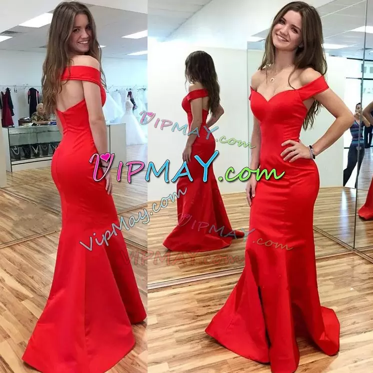 Floor Length Red Bridesmaids Dress Satin and Organza Sweep Train Sleeveless Beading and Lace