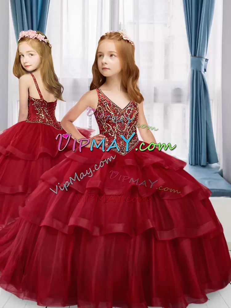 Most Popular Red Sleeveless Sweep Train Beading and Ruffled Layers Floor Length Winning Pageant Gowns