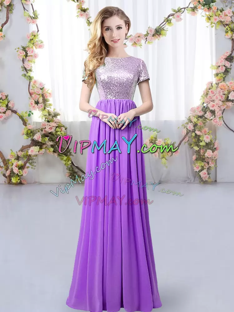 Romantic Purple Wedding Party Dress Prom and Party and Wedding Party with Sequins Scoop Short Sleeves Zipper