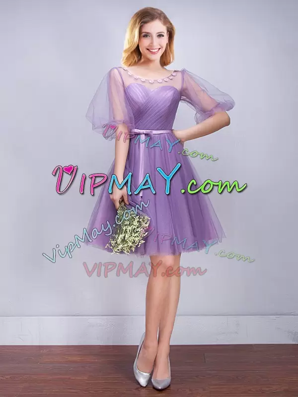 Sexy Tulle Half Sleeves Mini Length Bridesmaid Gown and Appliques and Ruching and Belt
