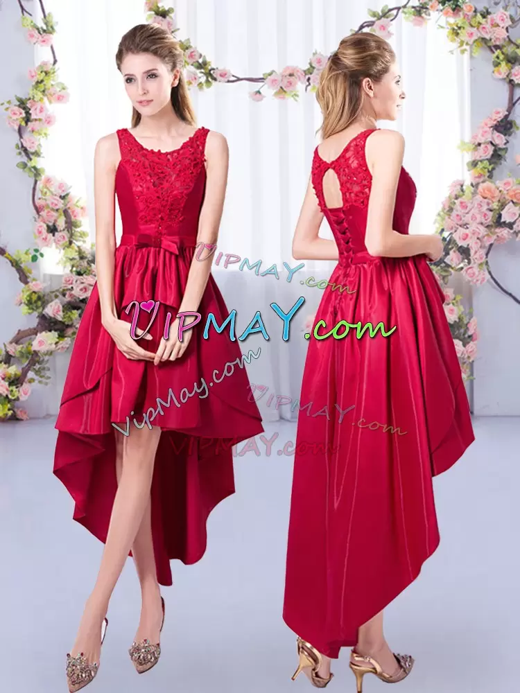 Captivating Red Satin Lace Up Scoop Sleeveless High Low Bridesmaid Gown Appliques