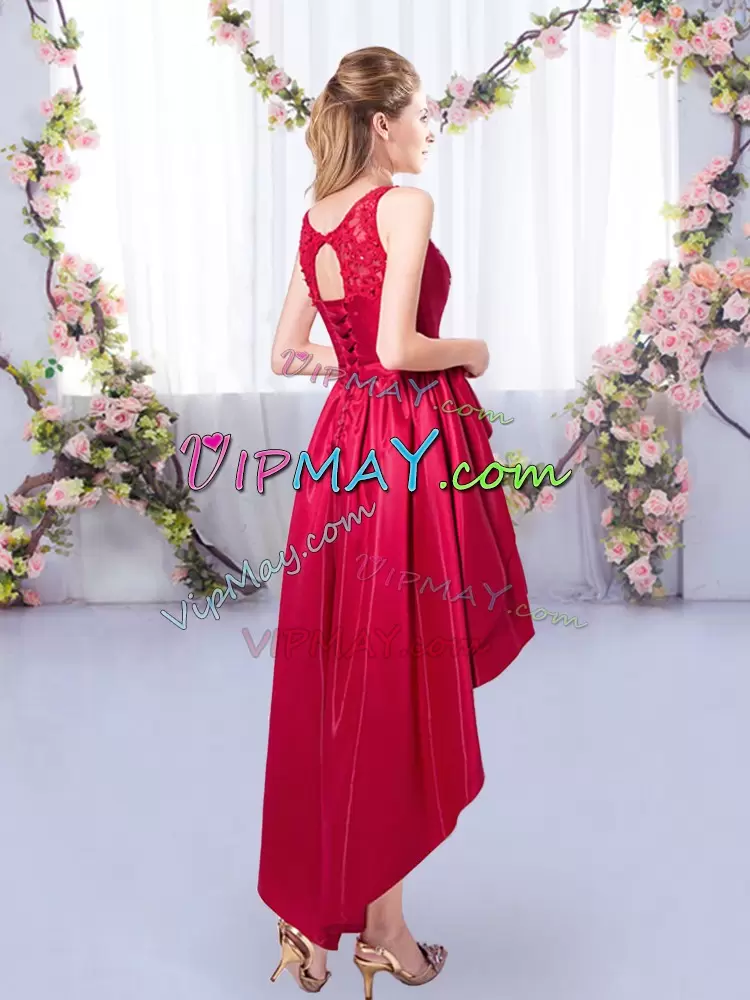 Captivating Red Satin Lace Up Scoop Sleeveless High Low Bridesmaid Gown Appliques