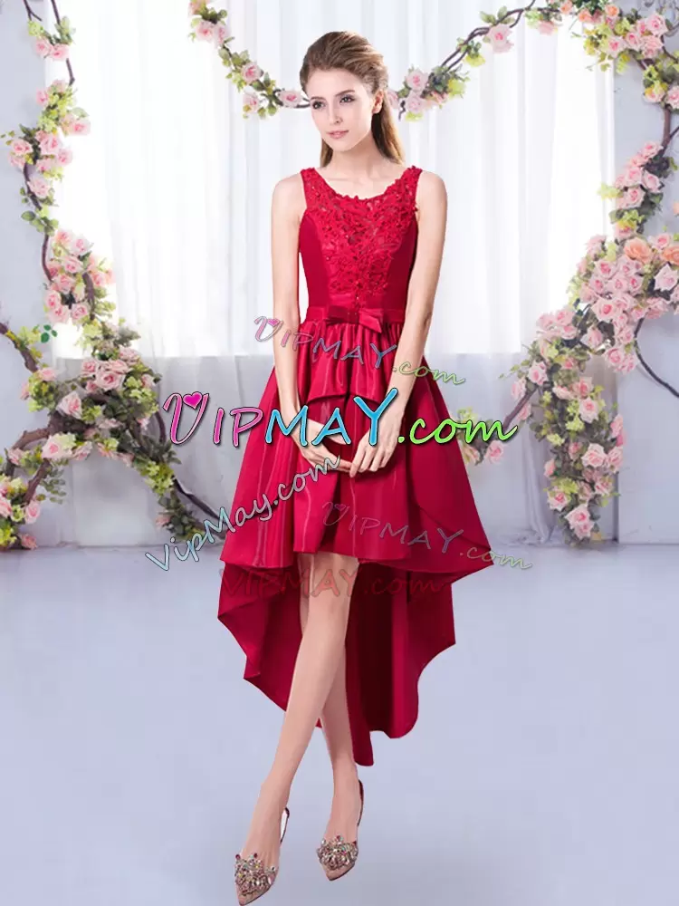 Captivating Red Satin Lace Up Scoop Sleeveless High Low Bridesmaid Gown Appliques