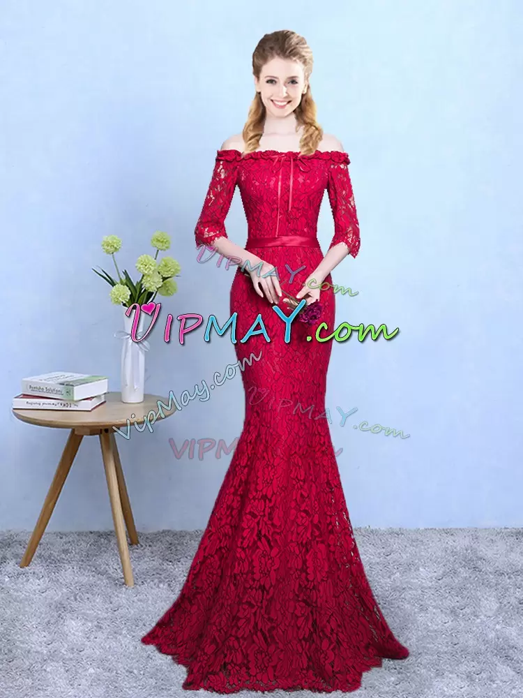 Mermaid Damas Dress Wine Red Off The Shoulder Lace Half Sleeves Floor Length Lace Up