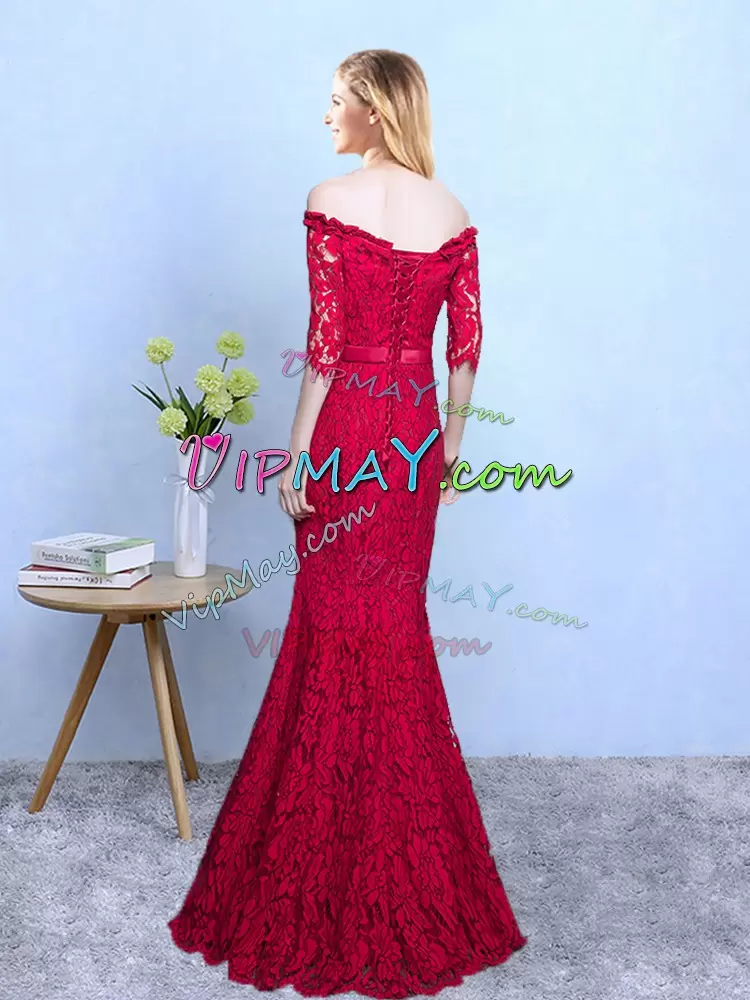 Mermaid Damas Dress Wine Red Off The Shoulder Lace Half Sleeves Floor Length Lace Up