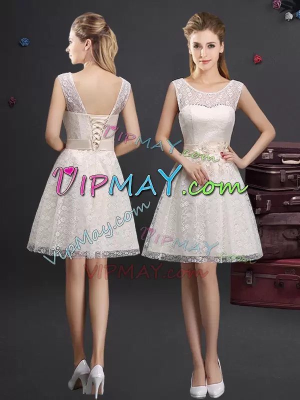 Sleeveless Scoop Lace Up Knee Length Lace and Appliques Bridesmaid Dresses Scoop