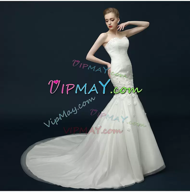 Extravagant White Sleeveless Tulle Sweep Train Lace Up Wedding Dresses for Wedding Party