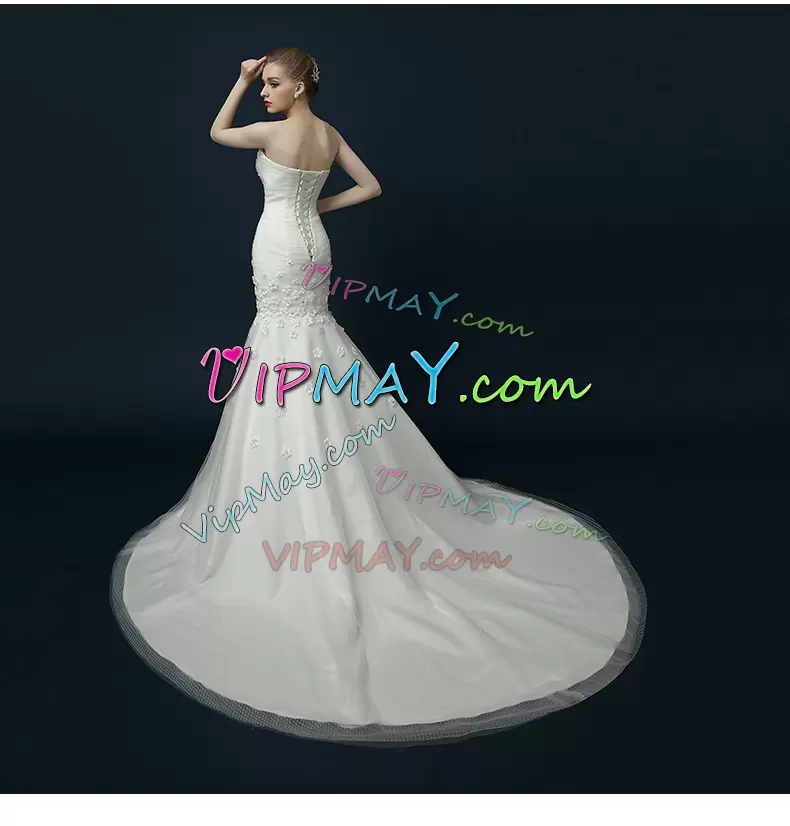 Extravagant White Sleeveless Tulle Sweep Train Lace Up Wedding Dresses for Wedding Party