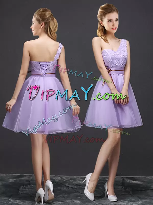 Affordable Lavender Sleeveless Lace Mini Length Bridesmaid Dresses