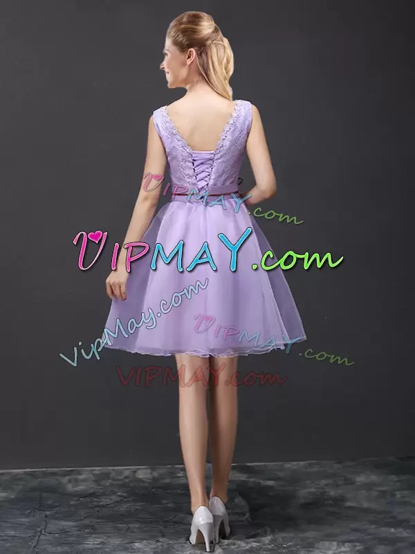 Custom Design Lavender Lace Up V-neck Lace and Appliques and Belt Wedding Guest Dresses Organza Sleeveless