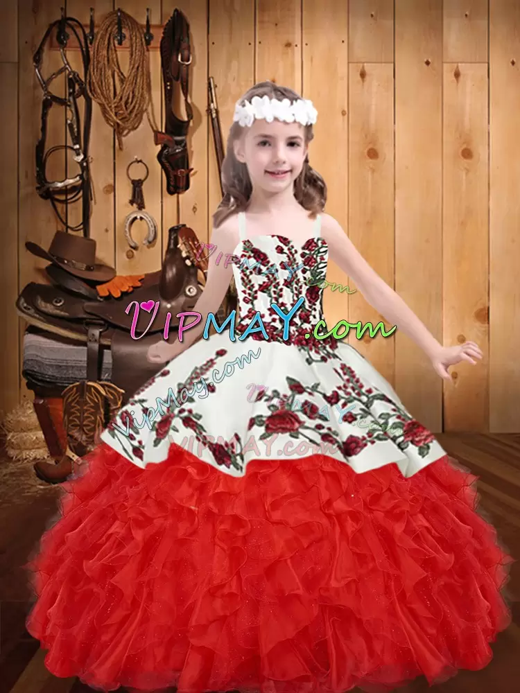 Straps Sleeveless Custom Made Pageant Dress Floor Length Embroidery and Ruffles Red Organza