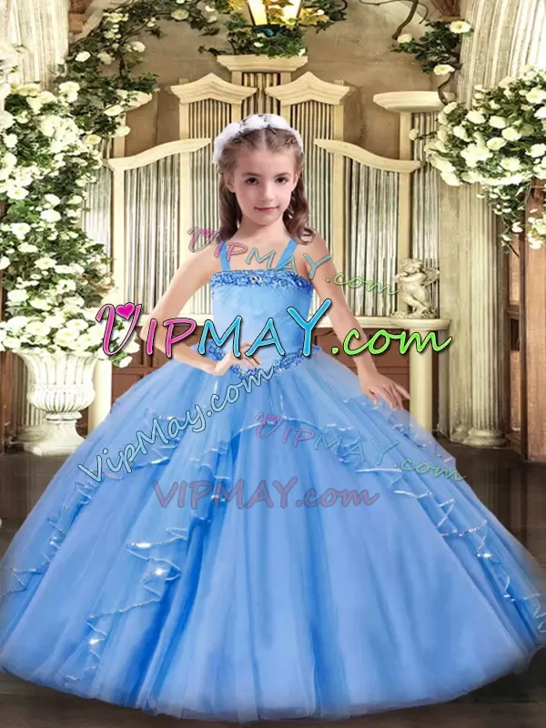 Floor Length Baby Blue High School Pageant Dress Organza Sleeveless Appliques and Ruffles