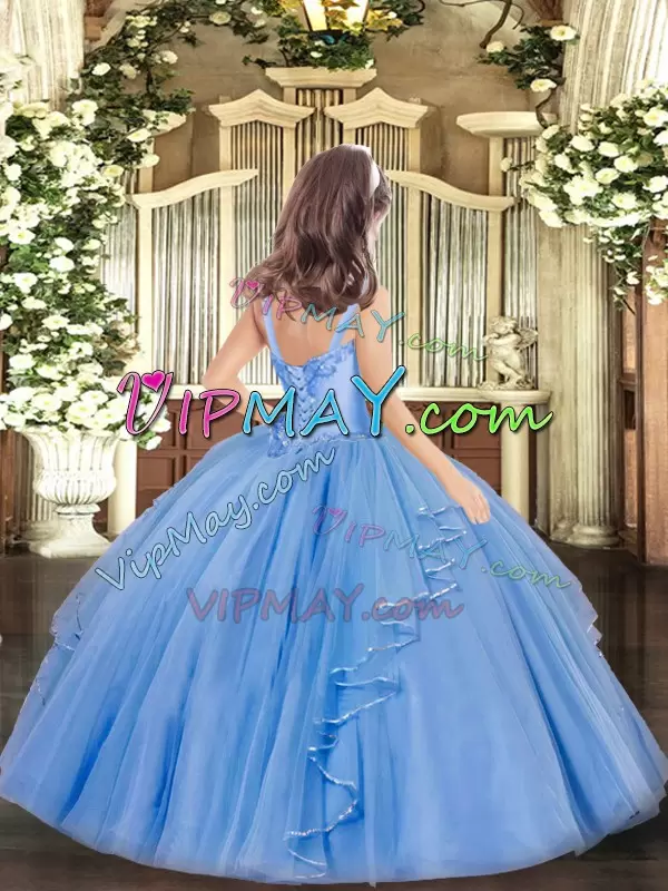 Floor Length Baby Blue High School Pageant Dress Organza Sleeveless Appliques and Ruffles