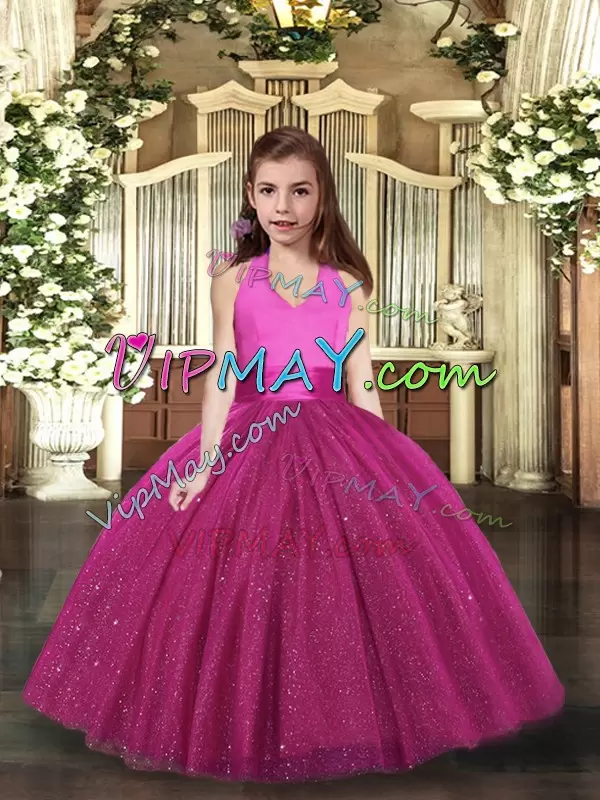 Fuchsia Lace Up Halter Top Ruching Little Girls Pageant Gowns Tulle Sleeveless