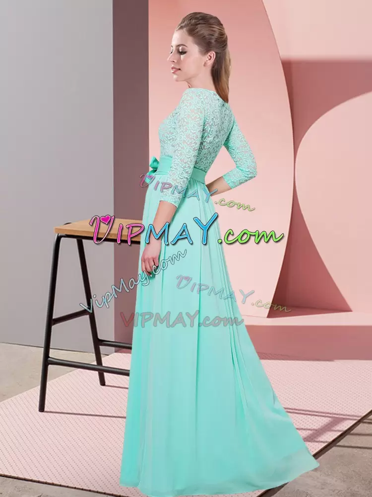 Extravagant Baby Blue 3 4 Length Sleeve Lace and Belt Floor Length Bridesmaid Dress