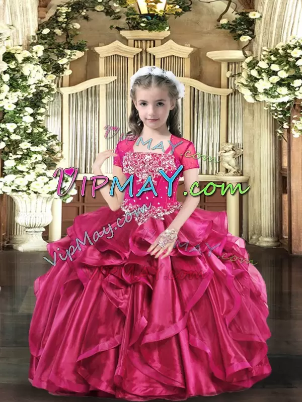 Hot Pink Sleeveless Floor Length Beading Lace Up Pageant Dress Toddler Straps