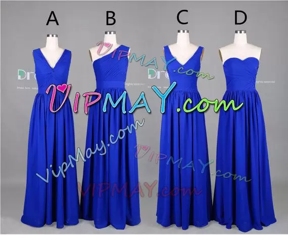 Exquisite Sleeveless Chiffon Floor Length Lace Up Wedding Guest Dresses in Royal Blue with Ruching