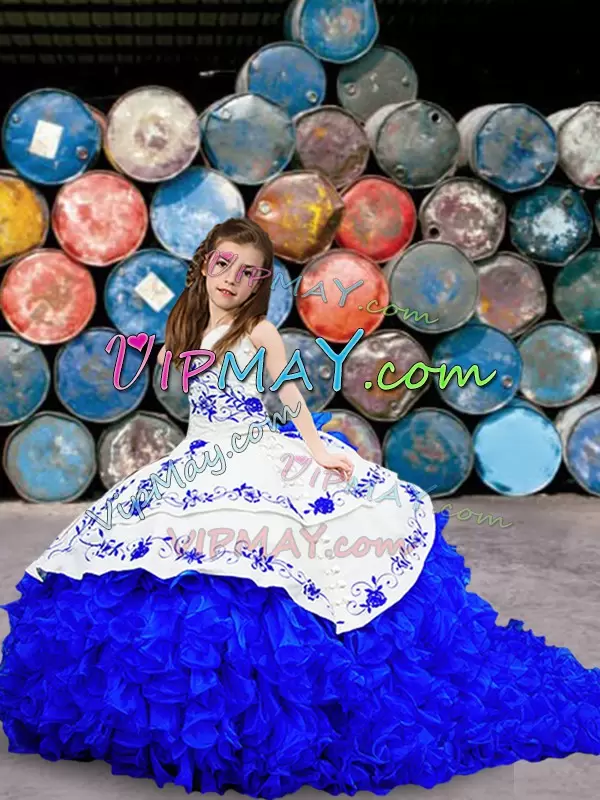 Blue And White Ball Gowns Sweetheart Sleeveless Organza Brush Train Lace Up Embroidery and Ruffled Layers Little Girls Pageant Gowns