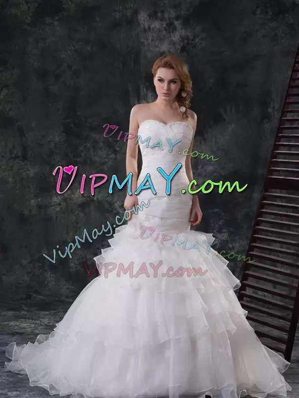 Sleeveless Sweetheart Lace Up With Train Beading and Ruffled Layers Wedding Dresses Sweetheart