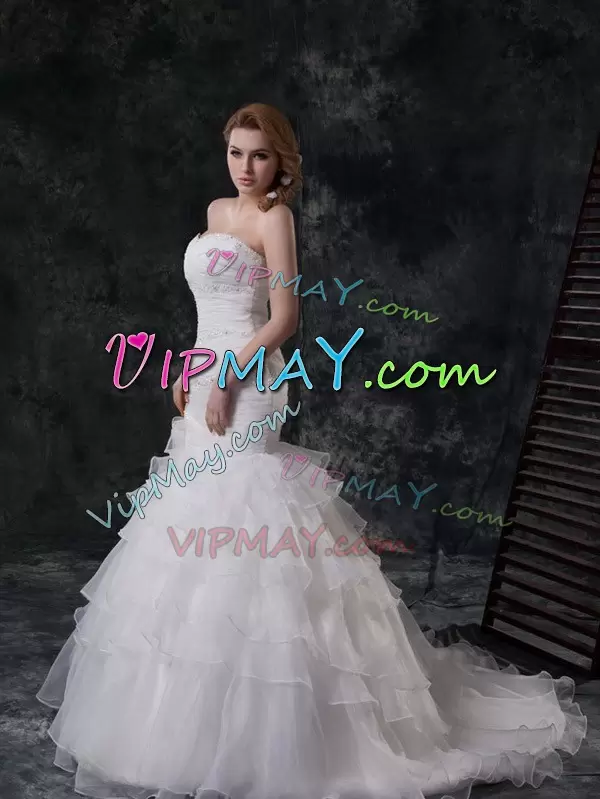 Sleeveless Sweetheart Lace Up With Train Beading and Ruffled Layers Wedding Dresses Sweetheart