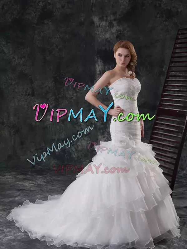 Sleeveless Sweetheart Lace Up With Train Beading and Ruffled Layers Wedding Dresses Sweetheart