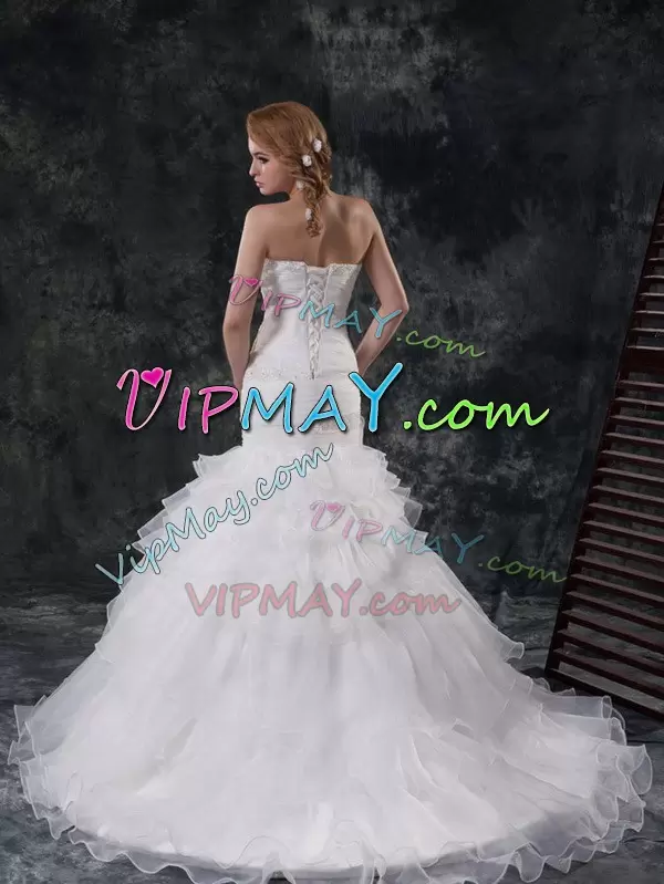 Sleeveless Sweetheart Lace Up With Train Beading and Ruffled Layers Wedding Dresses Sweetheart