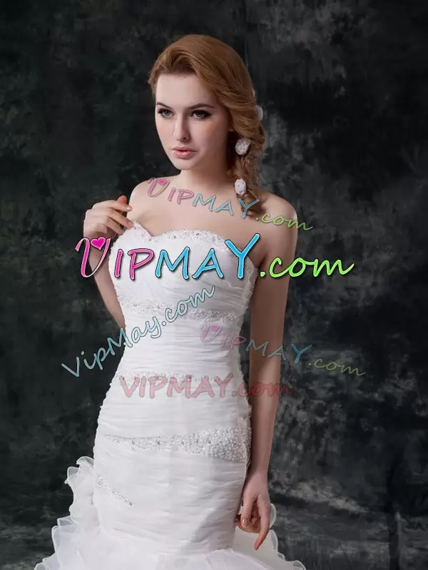 Sleeveless Sweetheart Lace Up With Train Beading and Ruffled Layers Wedding Dresses Sweetheart