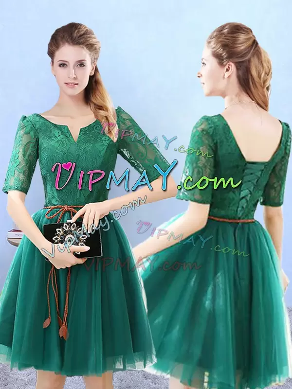 Dazzling Knee Length A-line Half Sleeves Green Bridesmaid Dresses Lace Up