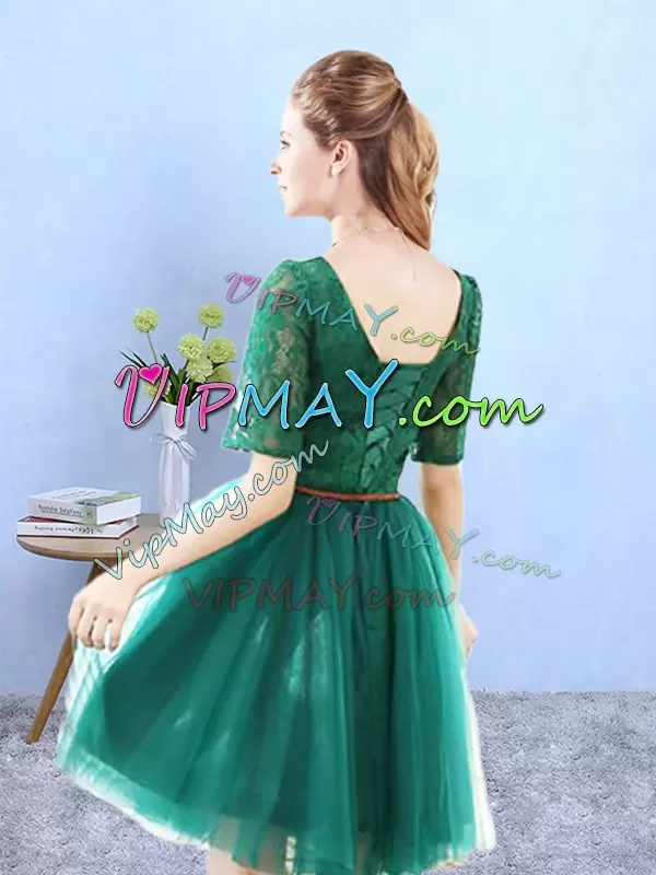 Dazzling Knee Length A-line Half Sleeves Green Bridesmaid Dresses Lace Up