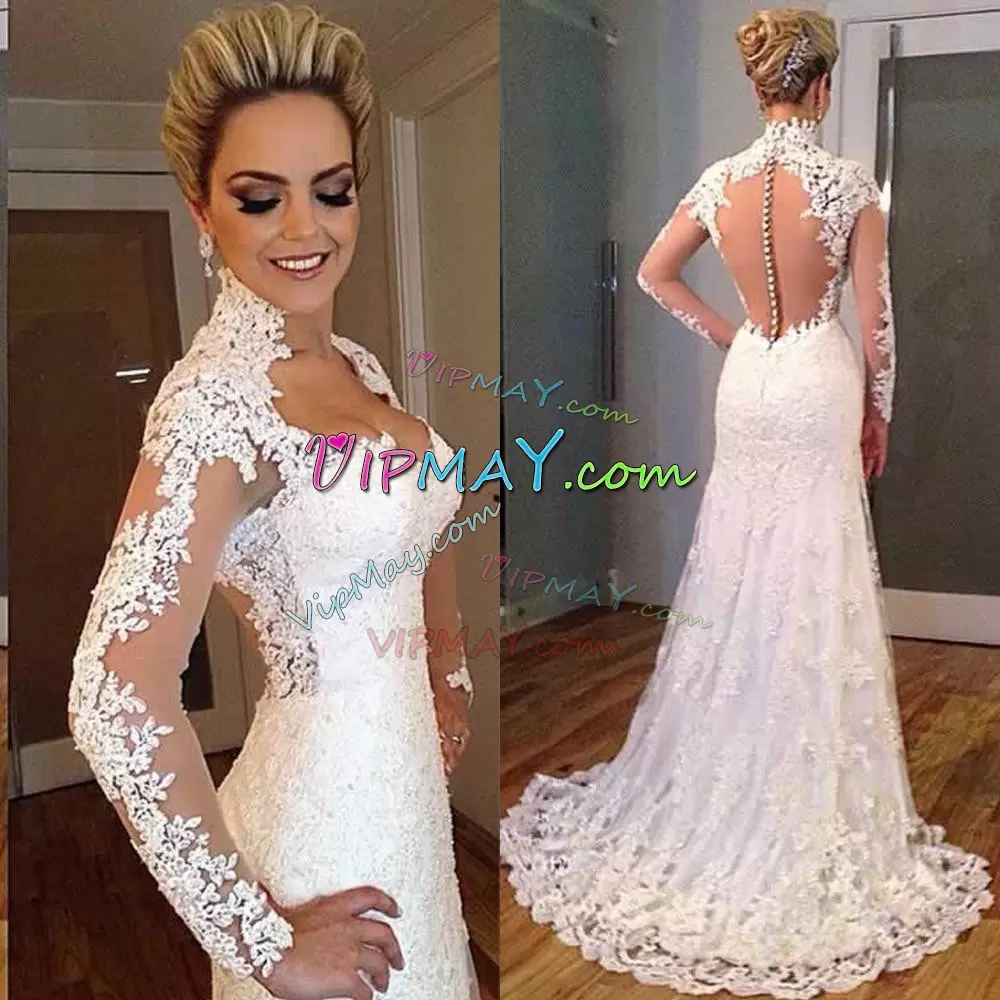 Fashionable Tulle Scoop Long Sleeves Sweep Train Zipper Lace Wedding Dress in White