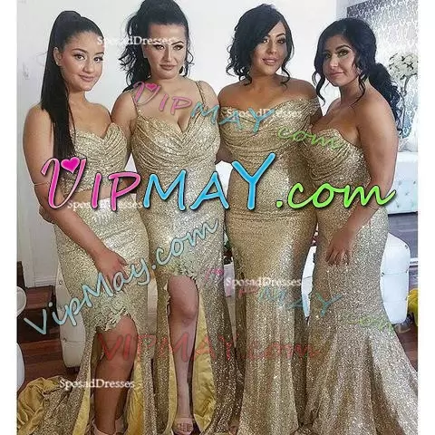 Gold Mermaid Sequined Spaghetti Straps Sleeveless Sequins Floor Length Lace Up Bridesmaid Dress