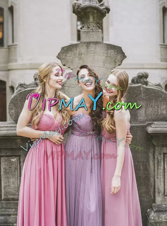 Pink Chiffon Lace Up Bridesmaids Dress Sleeveless Floor Length Ruching