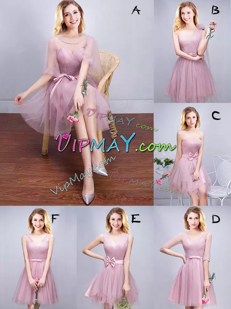 Sweet Mini Length Pink Wedding Party Dress Tulle Sleeveless Ruching and Bowknot