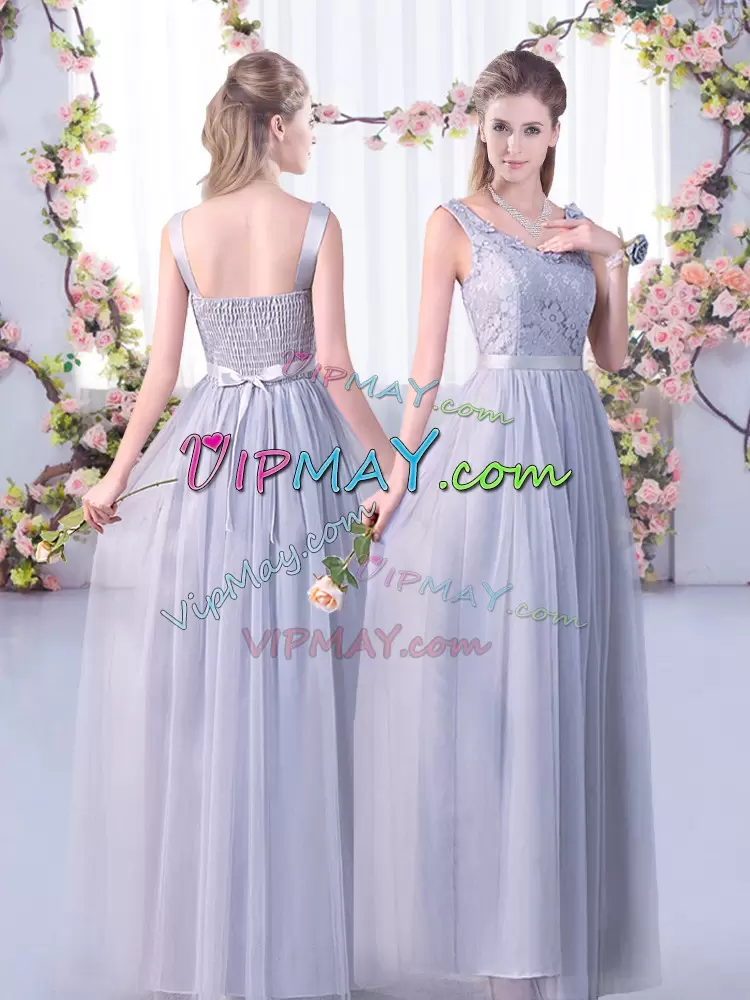 Grey Side Zipper V-neck Lace and Belt Wedding Guest Dresses Tulle Sleeveless