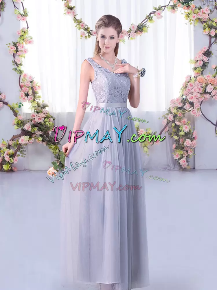 Grey Side Zipper V-neck Lace and Belt Wedding Guest Dresses Tulle Sleeveless