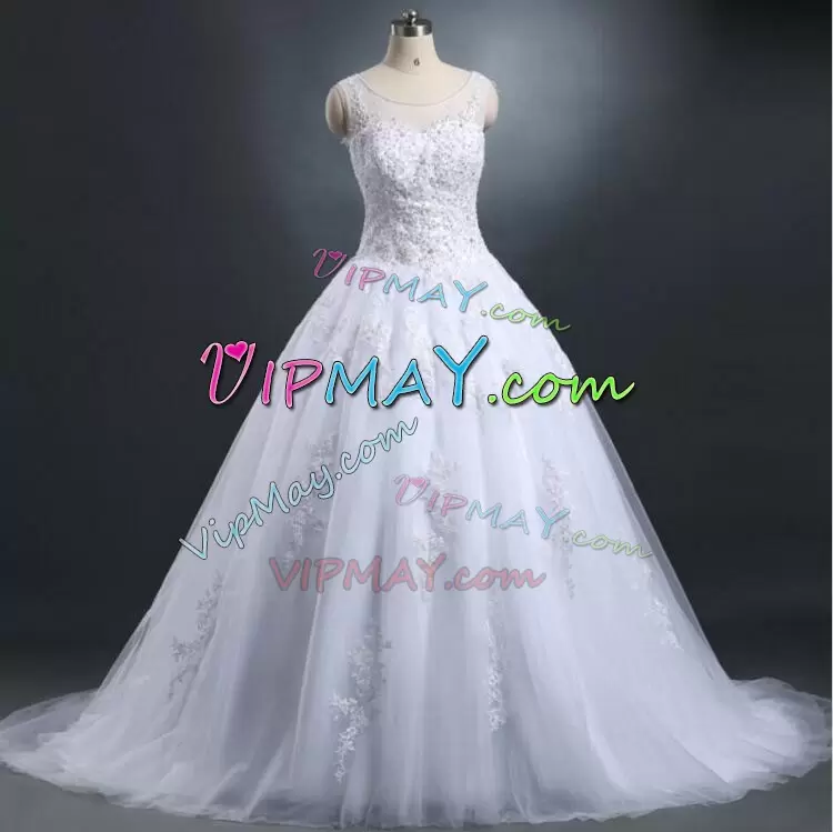 Appliques Wedding Dresses White Lace Up Sleeveless Sweep Train