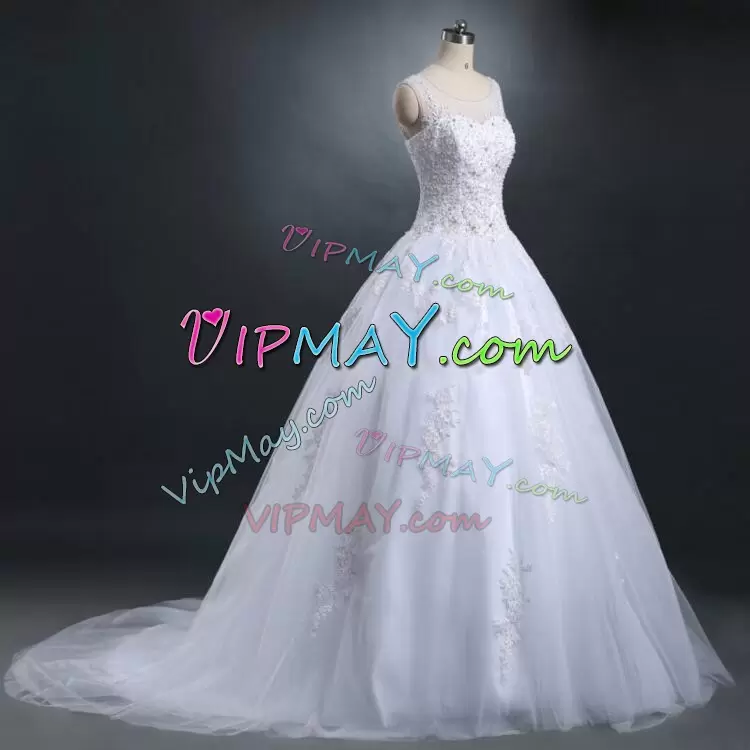 Appliques Wedding Dresses White Lace Up Sleeveless Sweep Train