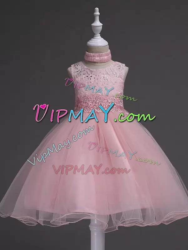 Baby Pink Sleeveless Beading and Lace Knee Length Little Girl Pageant Dress