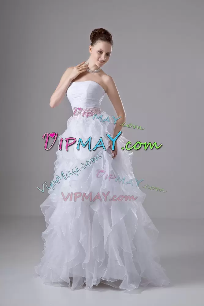 White Sleeveless Floor Length Beading and Ruffles Zipper Bridal Gown Strapless