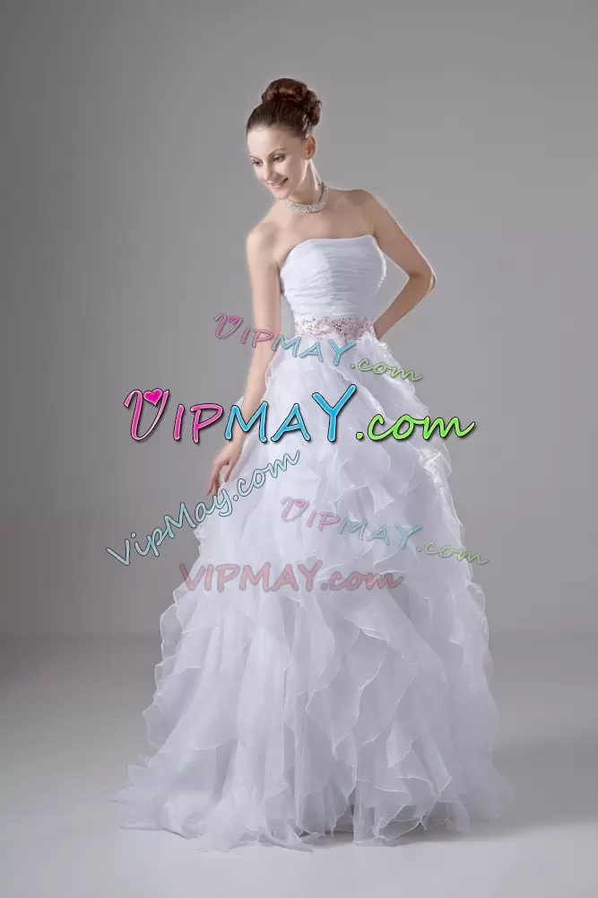 White Sleeveless Floor Length Beading and Ruffles Zipper Bridal Gown Strapless