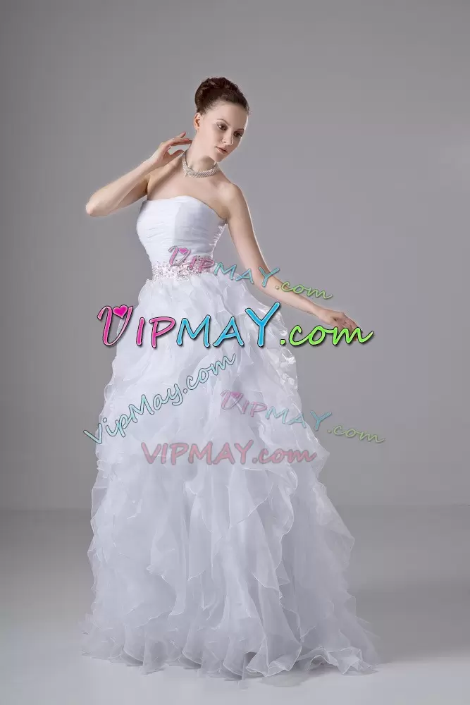 White Sleeveless Floor Length Beading and Ruffles Zipper Bridal Gown Strapless