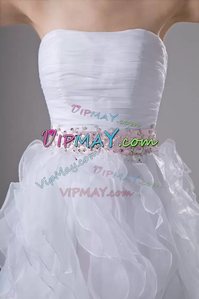 White Sleeveless Floor Length Beading and Ruffles Zipper Bridal Gown Strapless