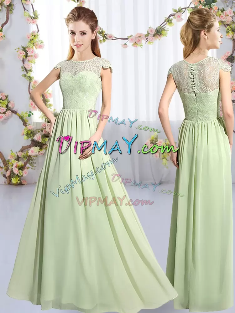 Yellow Green Clasp Handle Scoop Lace Wedding Guest Dresses Chiffon Cap Sleeves