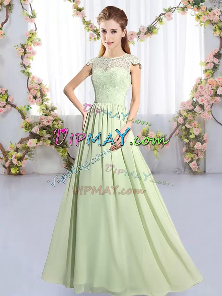 Yellow Green Clasp Handle Scoop Lace Wedding Guest Dresses Chiffon Cap Sleeves