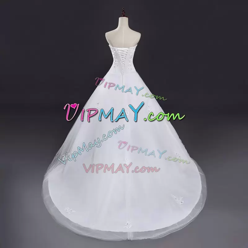 Extravagant Sleeveless Strapless Court Train Lace Up Beading and Appliques Wedding Gowns Strapless