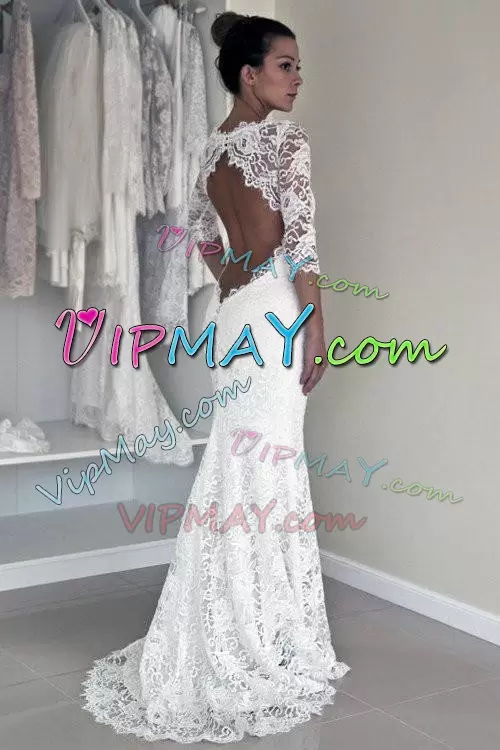 Captivating 3 4 Length Sleeve With Train Sweep Train Backless Wedding Dresses in White with Lace