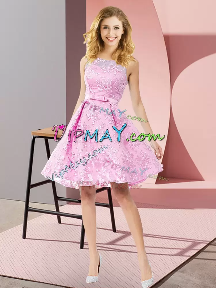 Beautiful Rose Pink Lace Zipper Wedding Guest Dresses Sleeveless Knee Length Bowknot