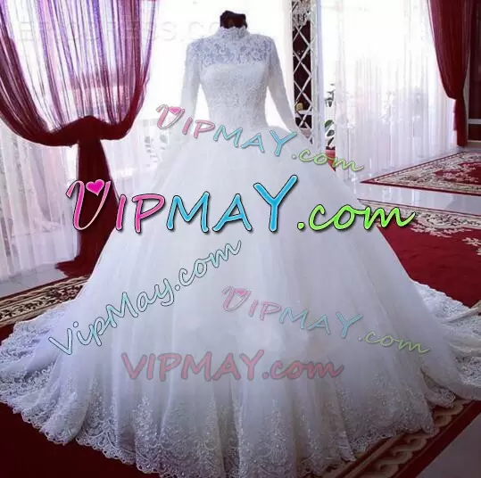 Custom Fit White Tulle Zipper High-neck Long Sleeves With Train Red Carpet Gowns Court Train Appliques